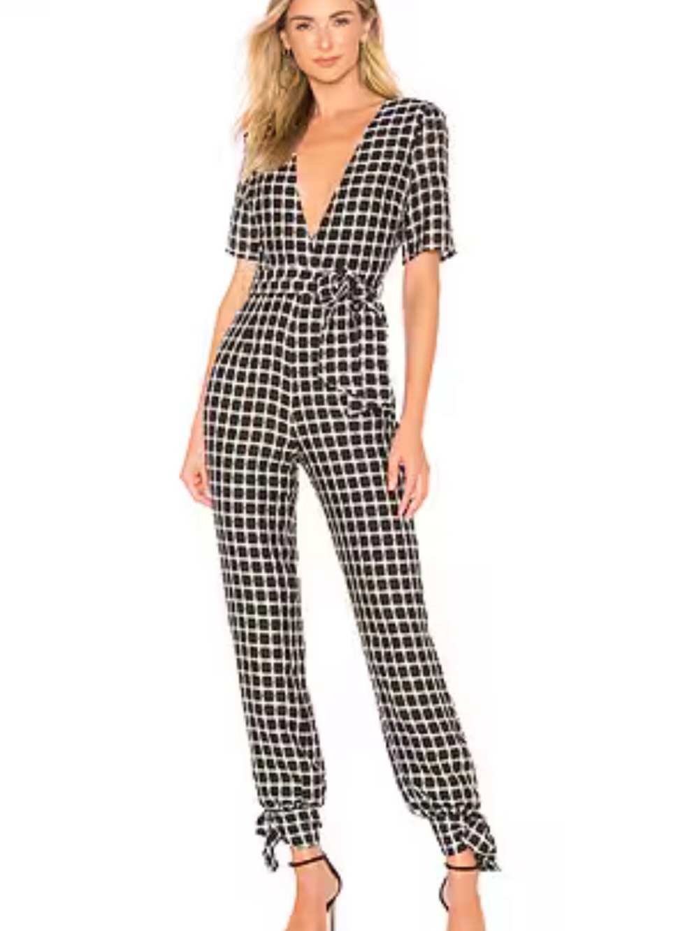 Tularosa Hayes Gingham Cutout Jumpsuit Black White Plaid Tie Ankle Size Medium